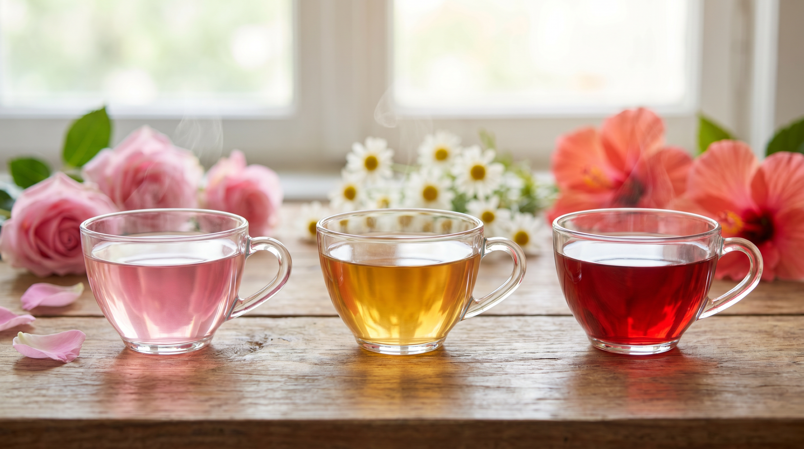 Three glass cups in a row: brewed pink rose, honey-gold chamomile, and garnet hibiscus.