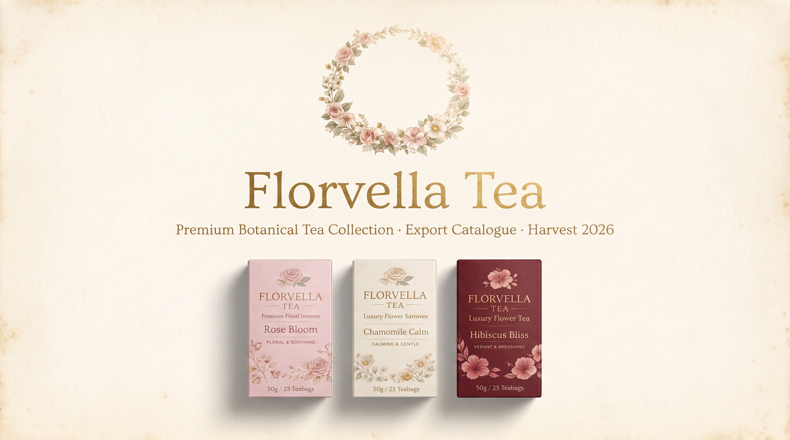 The Florvella export catalogue cover with three cartons aligned beneath a hand-painted floral wreath.