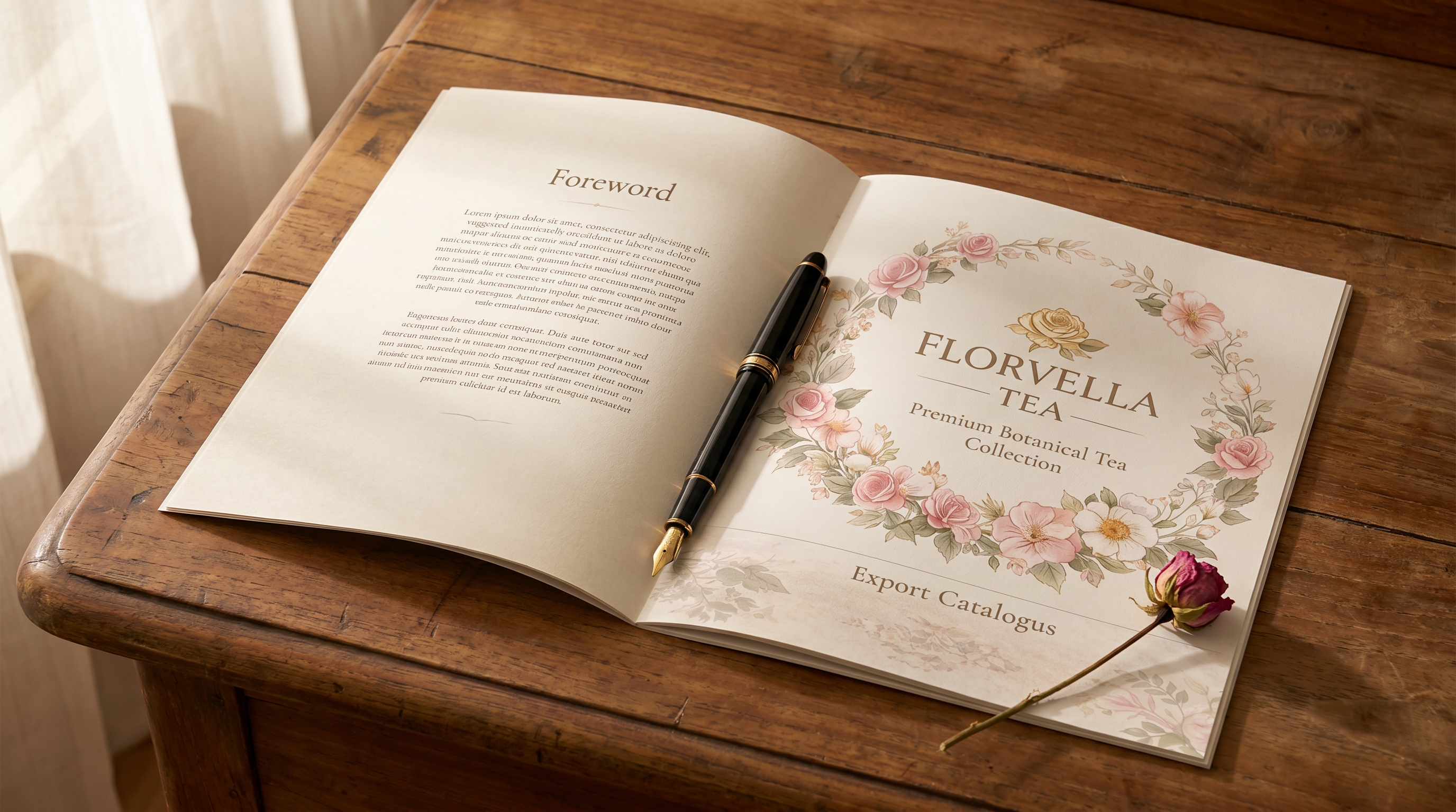 The Florvella export catalogue, open on a teak desk, fountain pen across the spine.
