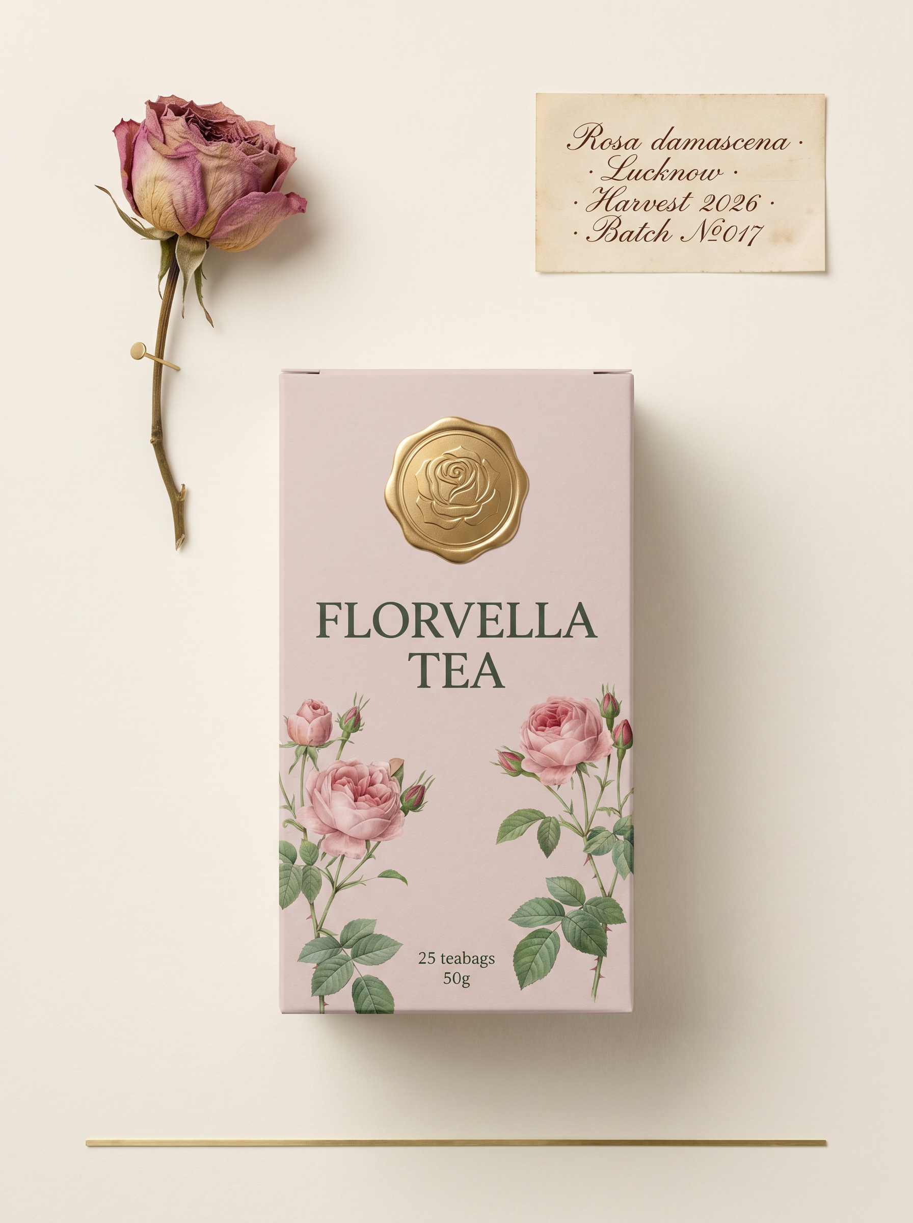 The Florvella Rose Bloom carton at scale, with copperplate Latin label and a single dried rose pinned to the page.