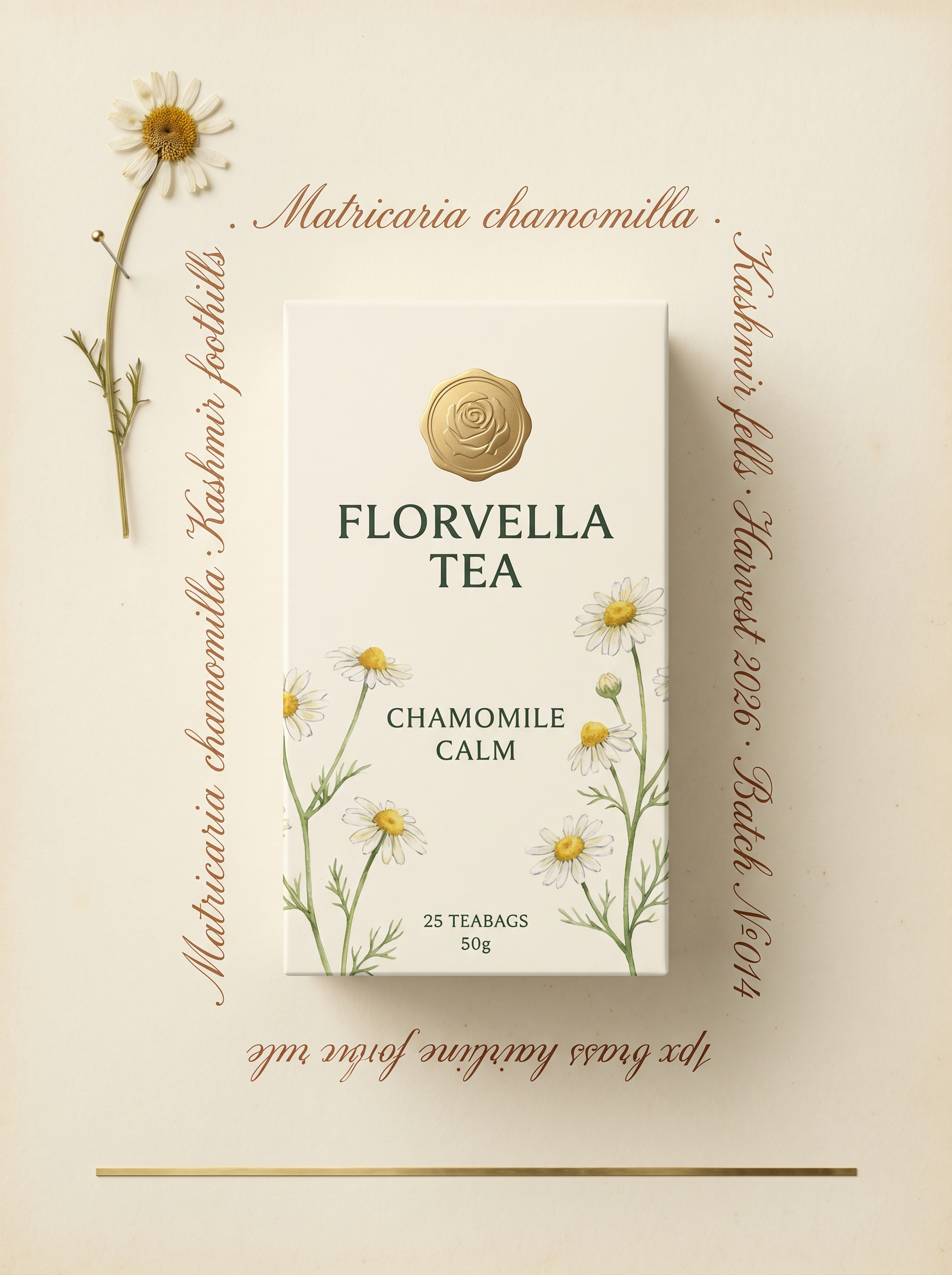 The Florvella Chamomile Calm carton at scale, with copperplate Latin label and dried chamomile pinned to the page.