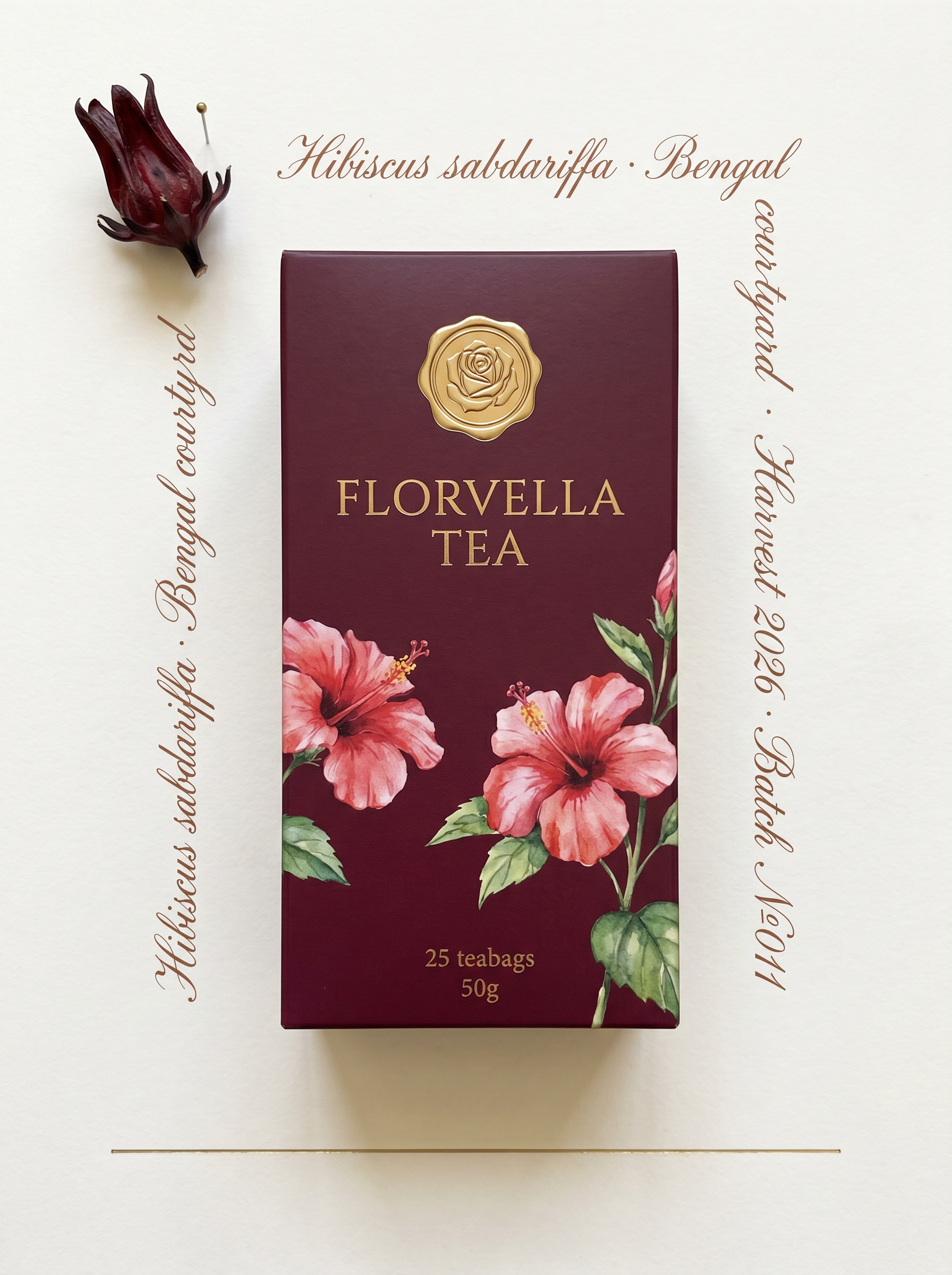 The Florvella Hibiscus Bliss carton at scale, with copperplate Latin label and dried hibiscus pinned to the page.